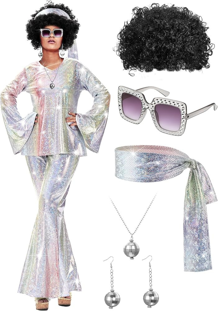 Jexine 70s Women Disco Outfit Costume Disco Party Top Pants Sunglasses Ball Necklace Earring Wig ... | Amazon (US)