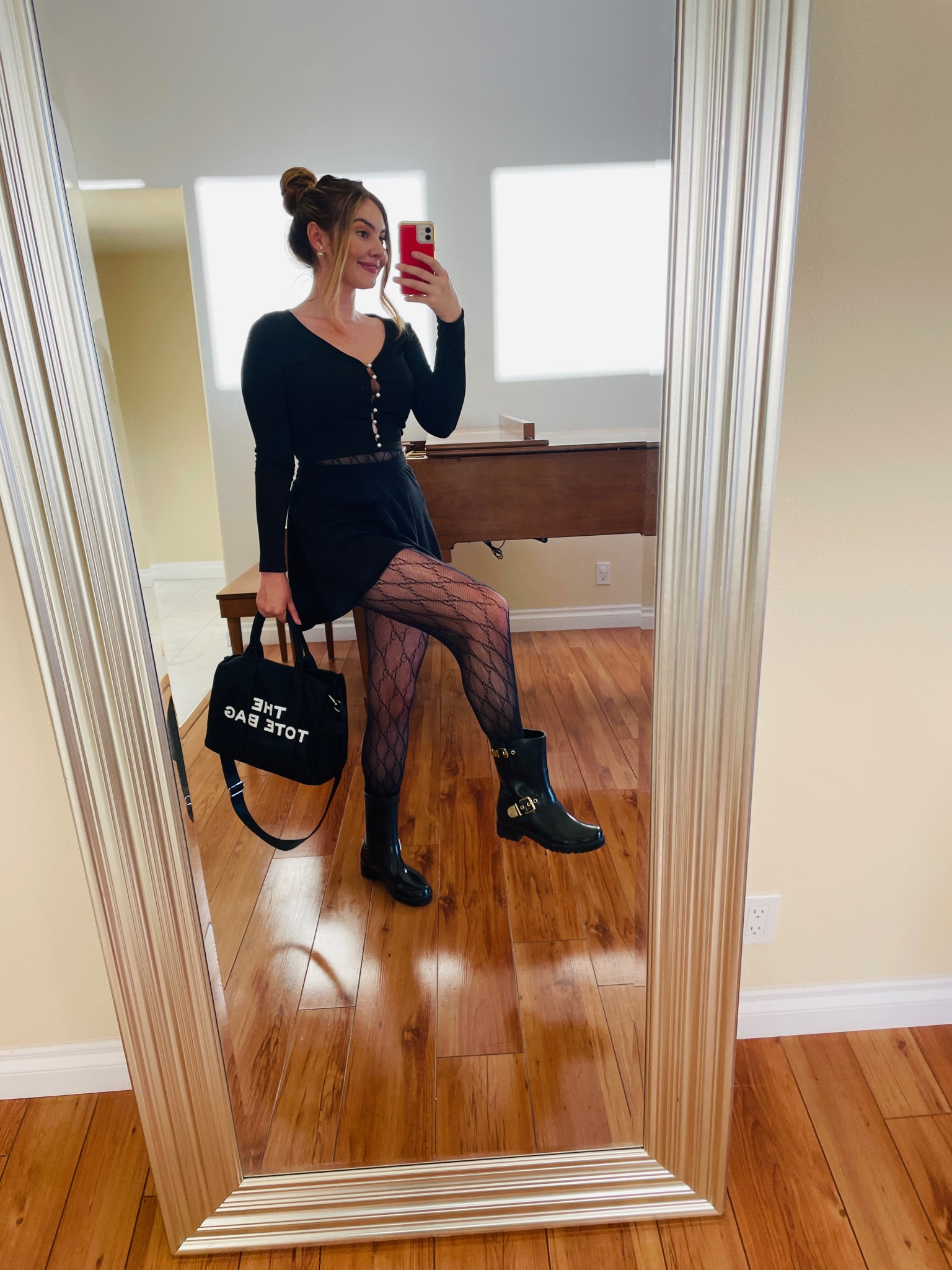 Cute rain boots outfit! Linked a similar look. Tote bag is a fun $30 dupe from Amazon. Gucci tights are a size medium. Should have gotten a small  All the details and more rain boot outfits on the blog!! 

#LTKfit #LTKstyletip #LTKitbag