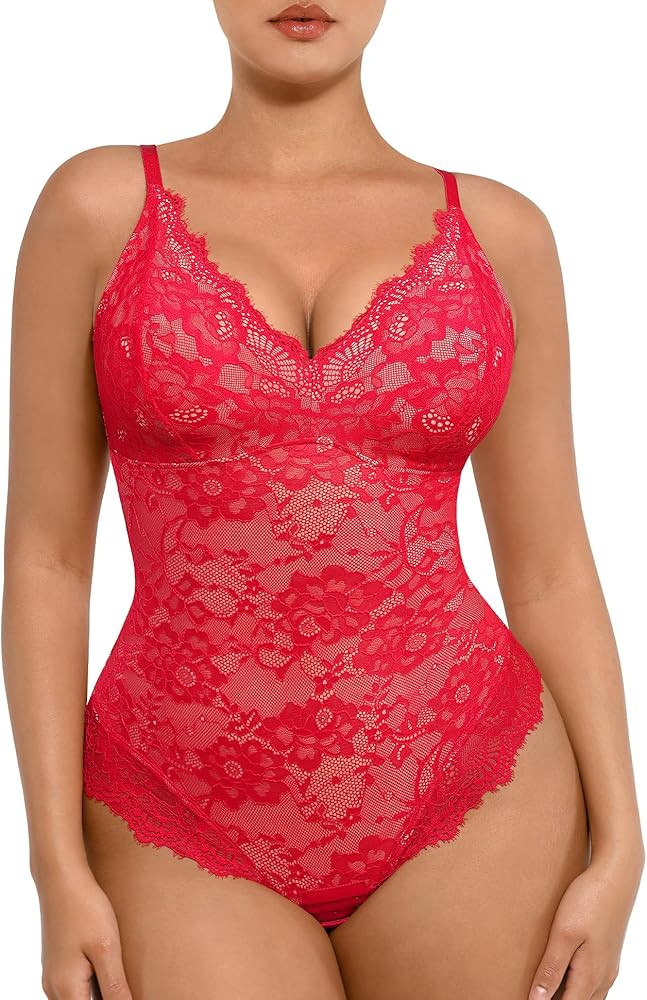 FeelinGirl Shapewear Bodysuits for Women Lace Shapewear Tummy Control V-Neck Sleeveless Bodysuit ... | Amazon (US)