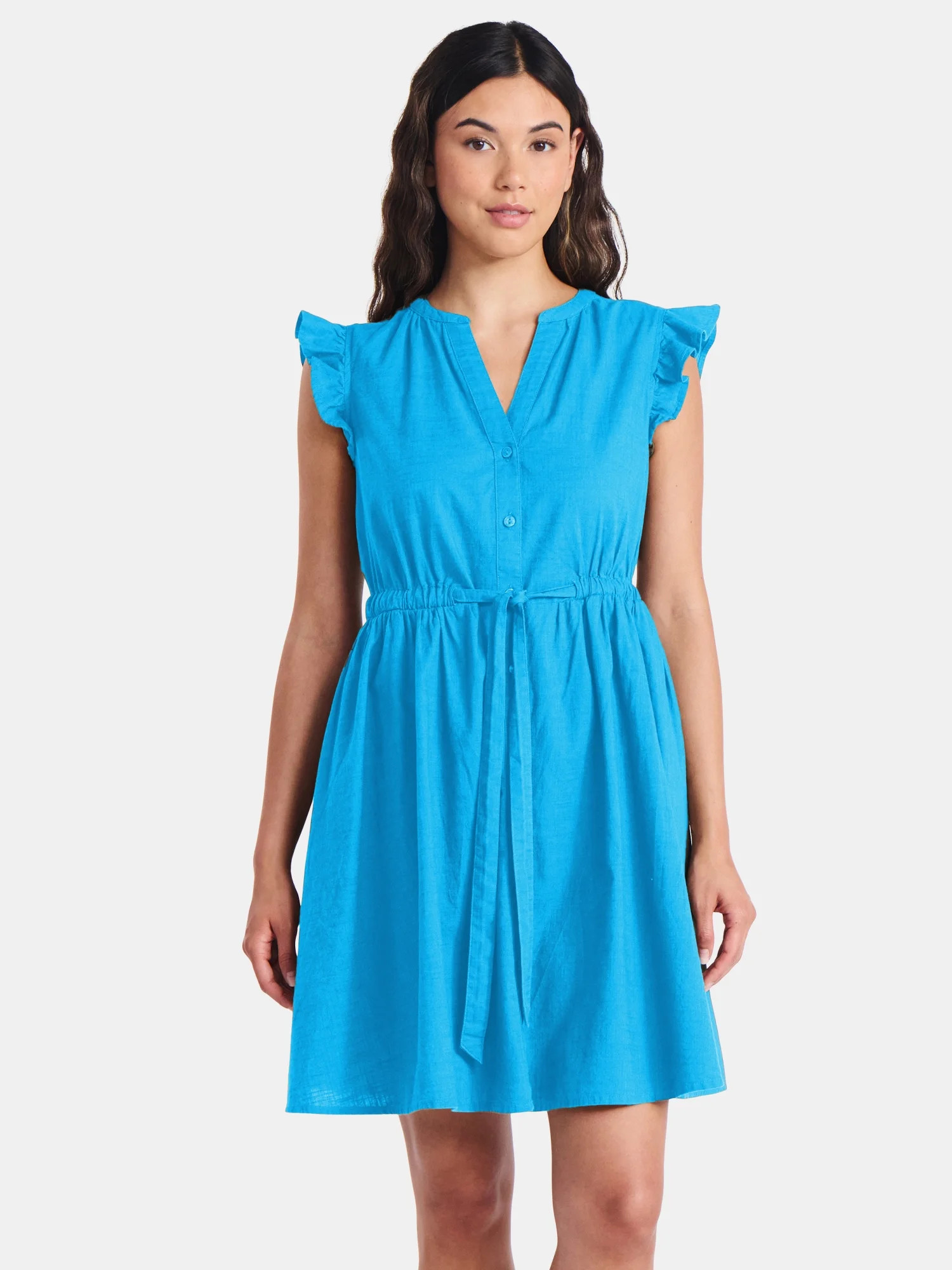 Time and Tru Women's and Women's Plus Button Front Cotton Mini Dress with Flutter Sleeves, Sizes ... | Walmart (US)