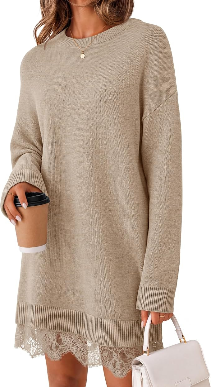 MEROKEETY Women's Fall Long Sleeve Lace Oversized Casual Knit Sweater Dress | Amazon (US)