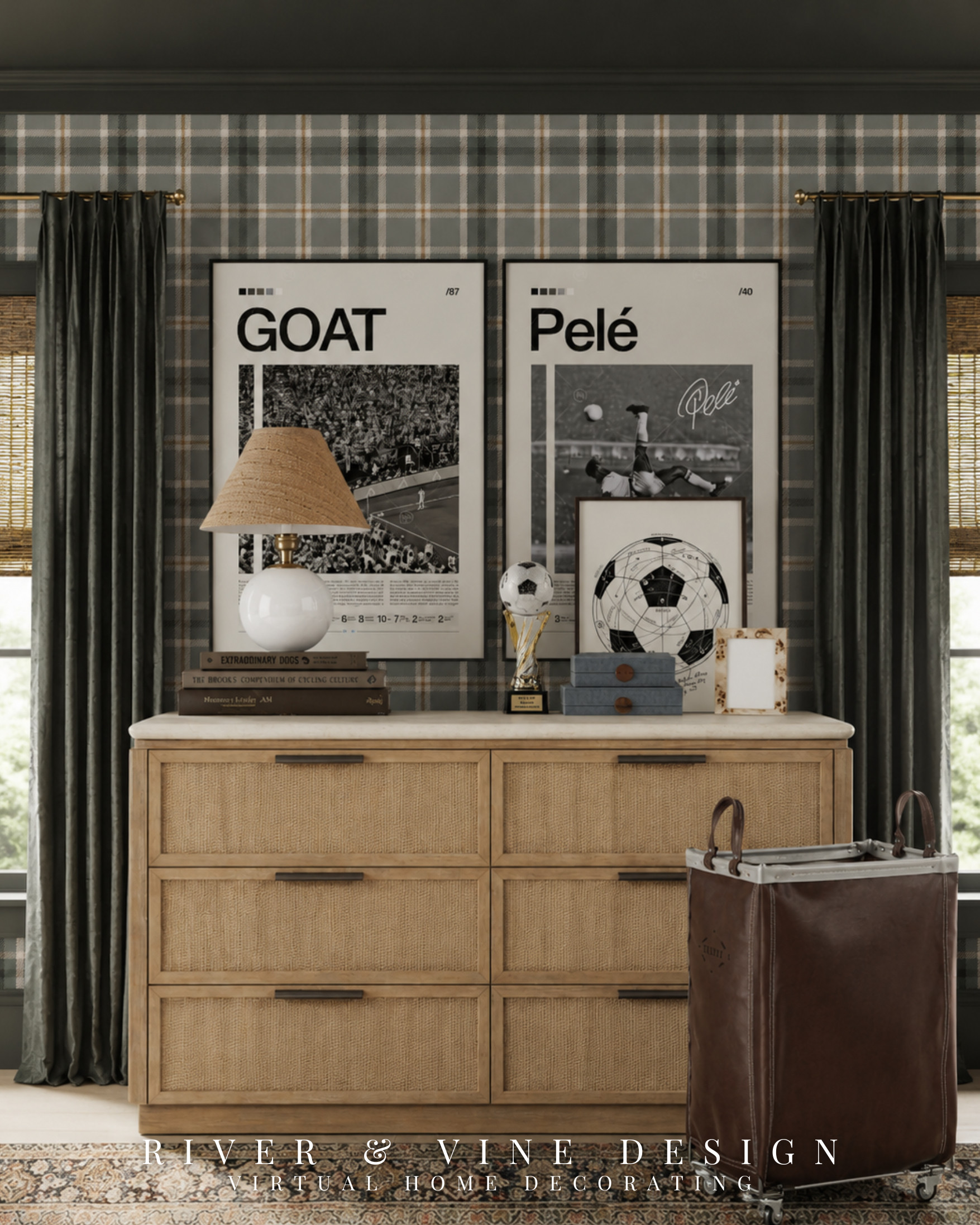 When the bed wall carries the theme, the opposite side of the room should create balance—not repeat it exactly.

Large black-and-white soccer prints make this dresser wall feel bold, while the woven dresser, ceramic lamp and vintage-inspired accessories soften the graphic artwork. Repeating the plaid wallpaper and dark curtains keeps both sides connected without making every detail match.

This is also why I design the entire room at once: every wall needs its own focal point, but they should still tell the same story. Which side of this soccer bedroom is your favorite?

Boys’ soccer bedroom, sports wall art, dresser styling ideas, woven wood dresser, plaid wallpaper bedroom, vintage sports decor, traditional boys’ room, layered bedroom design.

Sources are available through the link in my bio. Affiliate links may earn me a commission at no additional cost to you. 

 #LTKHome