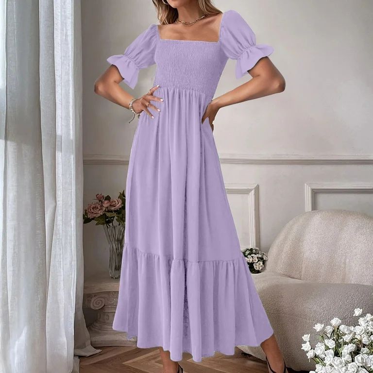 Finelylove Summer Dresses Sundresse For Woman V-Neck Solid Short Sleeve Sun Dress Purple - Walmar... | Walmart (US)