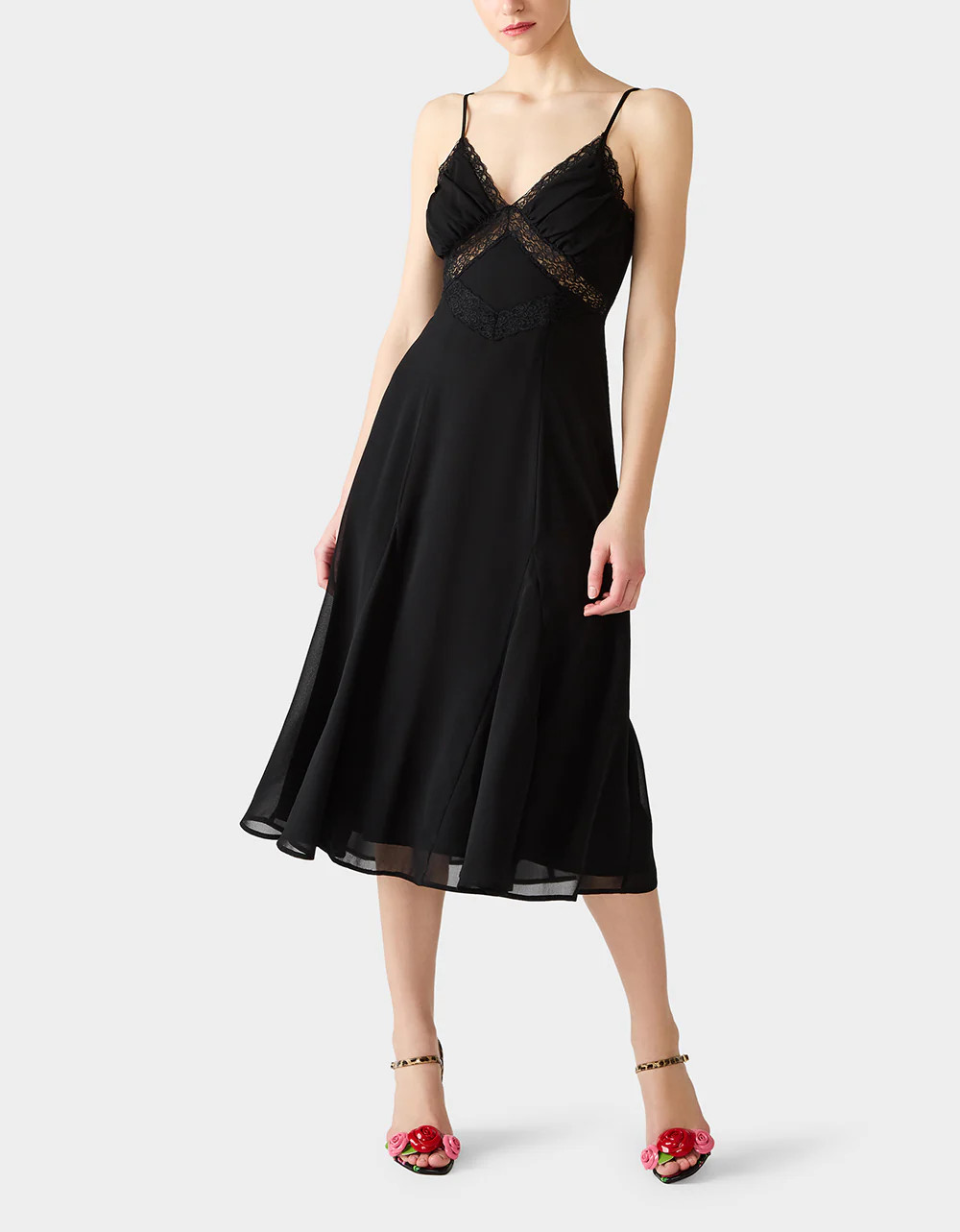 OBSIDIAN SLIP DRESS Black Lace Flowy Sleeveless Midi Women's Dress | Betsey Johnson