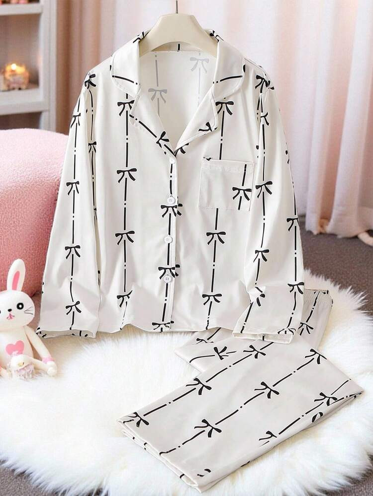 Tween Girls Pajamas Set, Milk Silk Cardigan & Shorts, Flame Retardant, Suitable For Loungewear Or Outerwear, Apricot With Black Bow, 2pcs | SHEIN