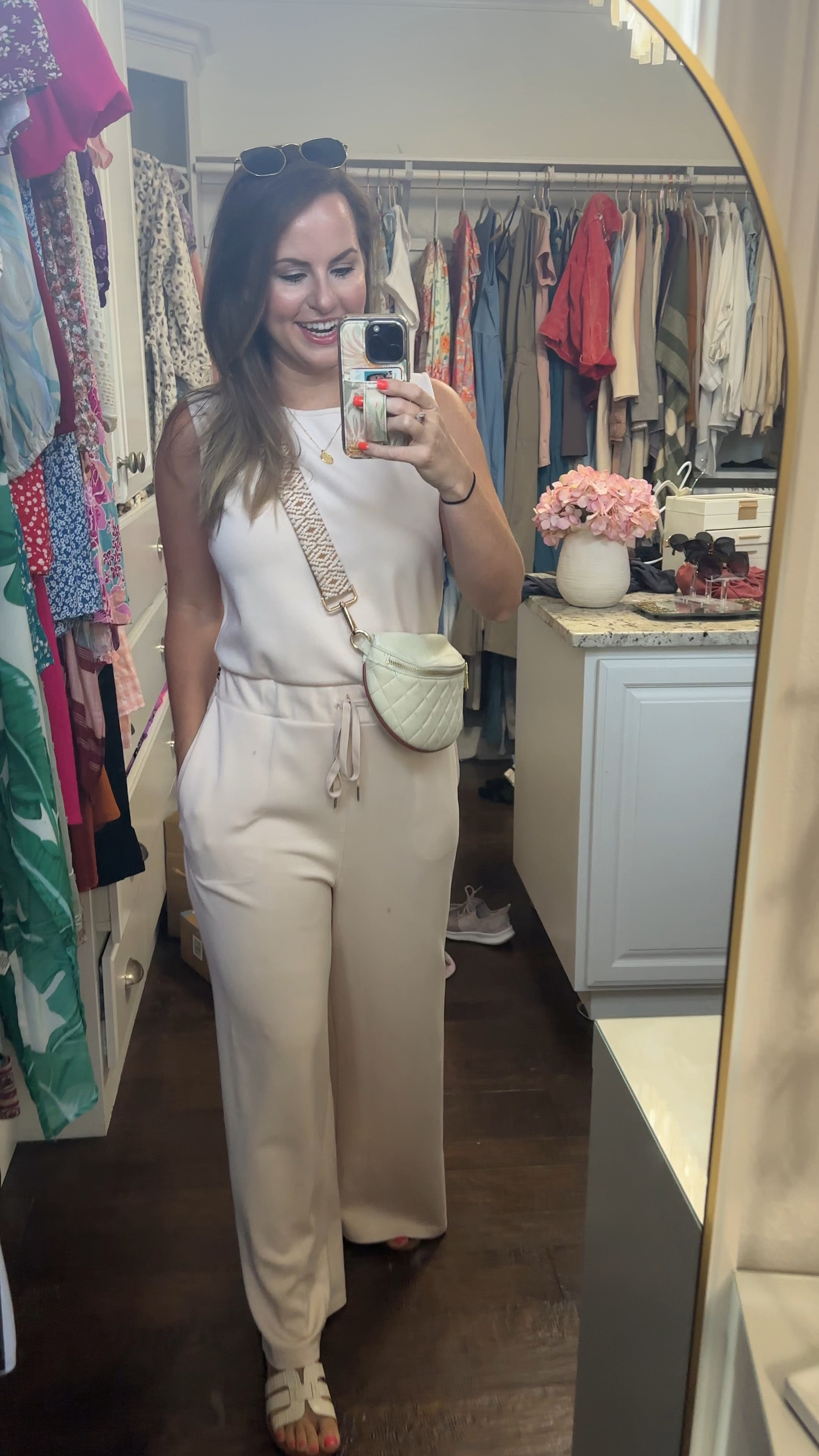 Love this Amazon jumpsuit— it’s a spanx look for less of their “air essentials” line!! Great early fall outfit perfect for those hotter days, but also great with a denim jacket, blazer or cardigan for the colder months!! Wearing size m. I also have it in the olive and black colors I love it so much!!! 

#LTKVideo #LTKStyleTip #LTKxPrimeDay