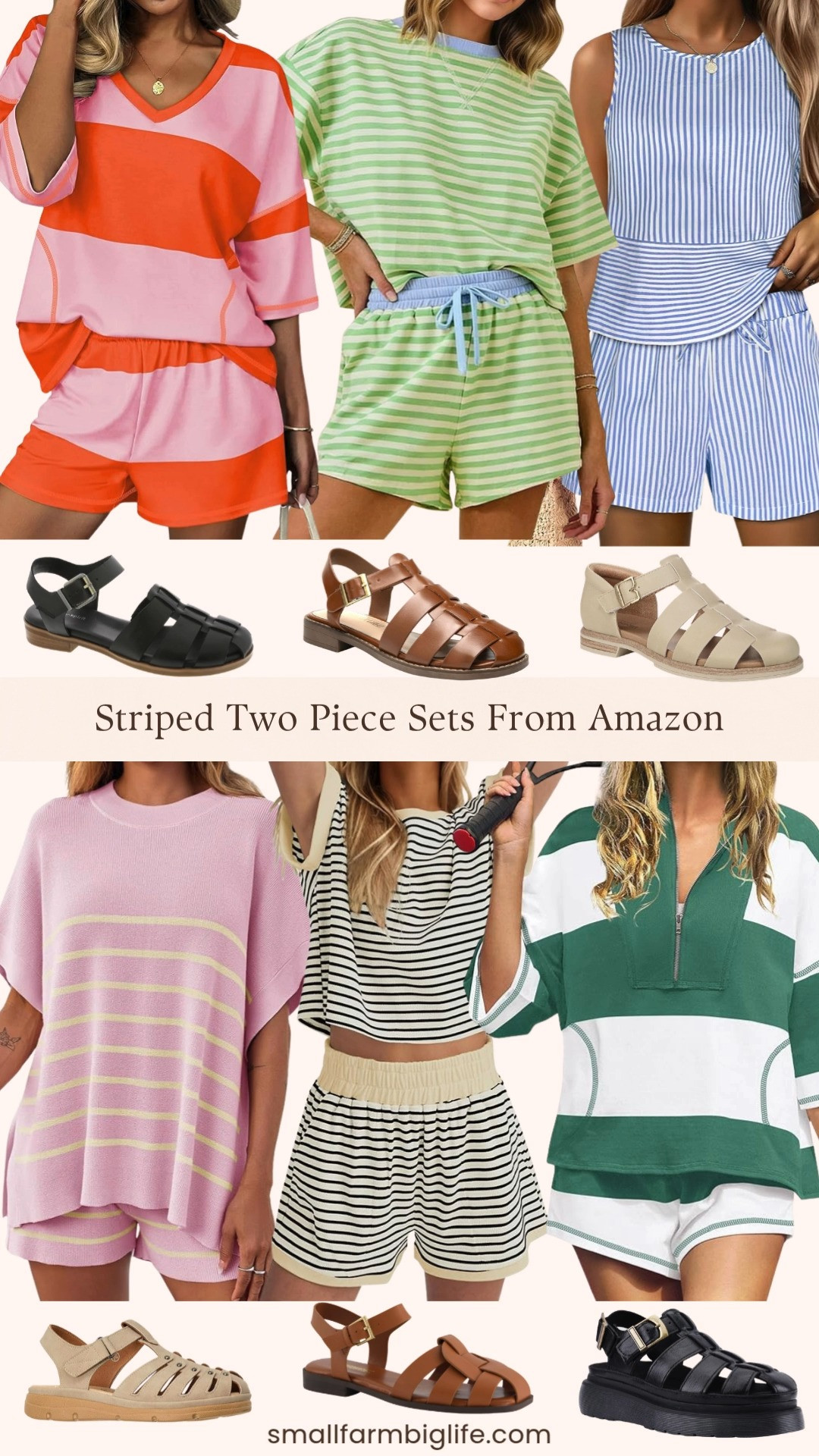 The perfect summer outfit formula is a striped two piece set paired with fisherman sandals and Amazon has both at the best prices right now! From cozy knit lounge sets and batwing sleeve matching sets to sleeveless tank and shorts combos and oversized striped pajama style sets in all the best summer colors including pink, blue, orange, green, and cream, paired with the most beautiful braided fisherman sandals in brown, cognac, beige, and black from Amazon, Dr. Scholl's, and Easy Spirit, these are the effortless and stylish combinations that make getting dressed for summer so easy and fun. Linking everything below! 

 #LTKootd #LTKOver40 #LTKTravel