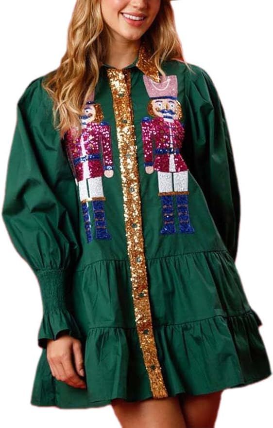 ZENMANCHEN Nutcracker Dress Sweatshirt Sequin Skirt Cute Christmas Clothes Santa Button Down Mini... | Amazon (US)