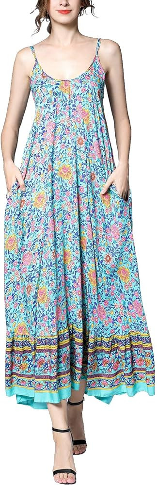 BUENOS NINOS Women's V Neck Floral Maxi Dress Boho Printed Adjustable Spaghetti Strap Ethnic Beac... | Amazon (US)