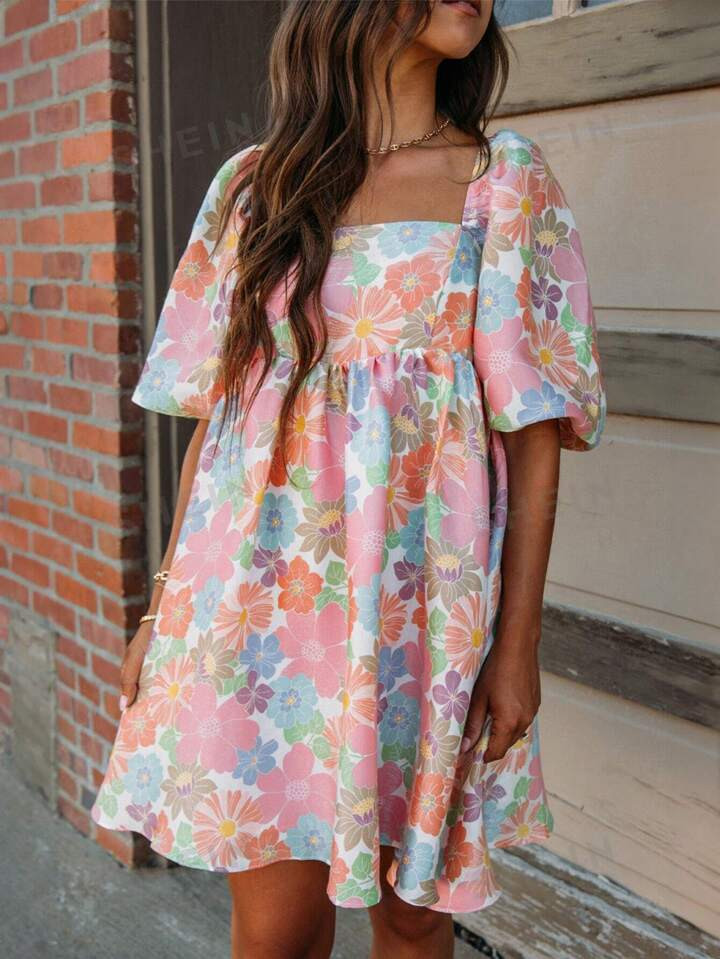 Boho Floral Square Neck Puff Sleeve Babydoll Dress | SHEIN