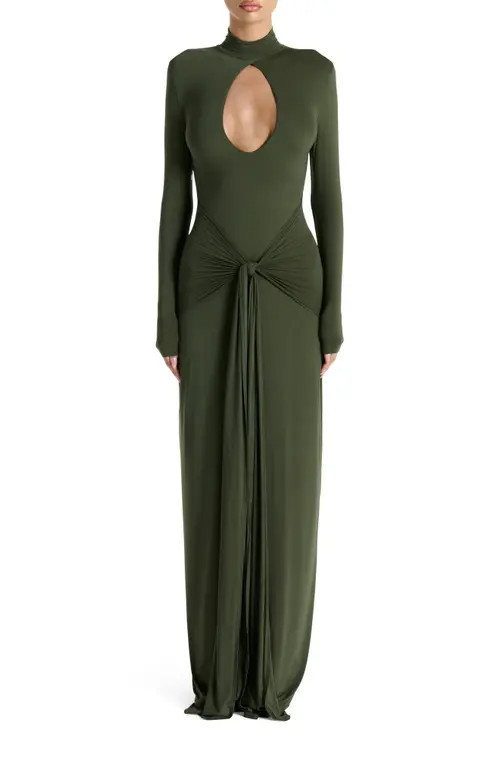 Naked Wardrobe Cutout Tie Front Long Sleeve Maxi Dress in Dark Olive at Nordstrom, Size Small | Nordstrom
