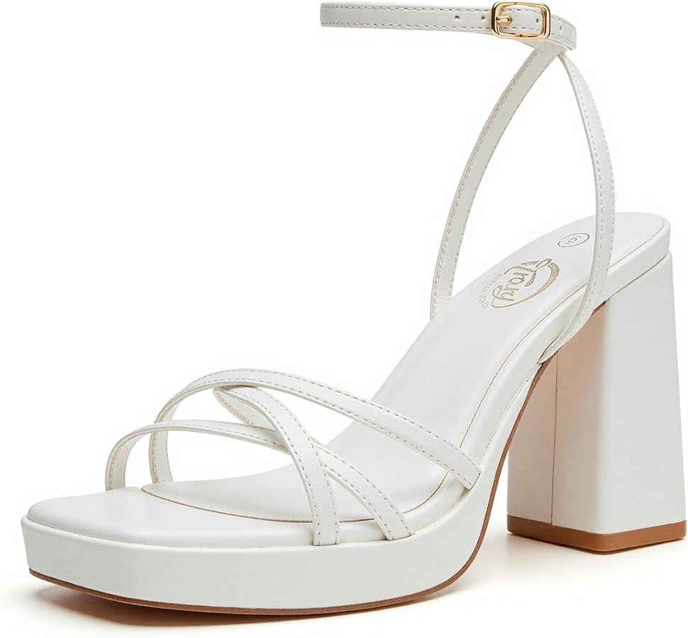 Trary Gold & White Heels - Square Toe, 3 inch Platform, Strappy & Block Heels for Wide Feet, Ankl... | Amazon (US)