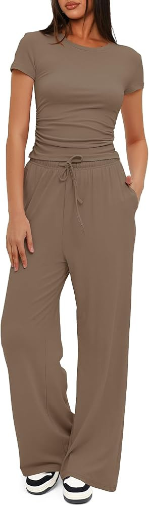 Darong Women's 2 Piece Outfits Lounge Sets Ruched Short Sleeve Tops and High Waisted Wide Leg Pan... | Amazon (US)