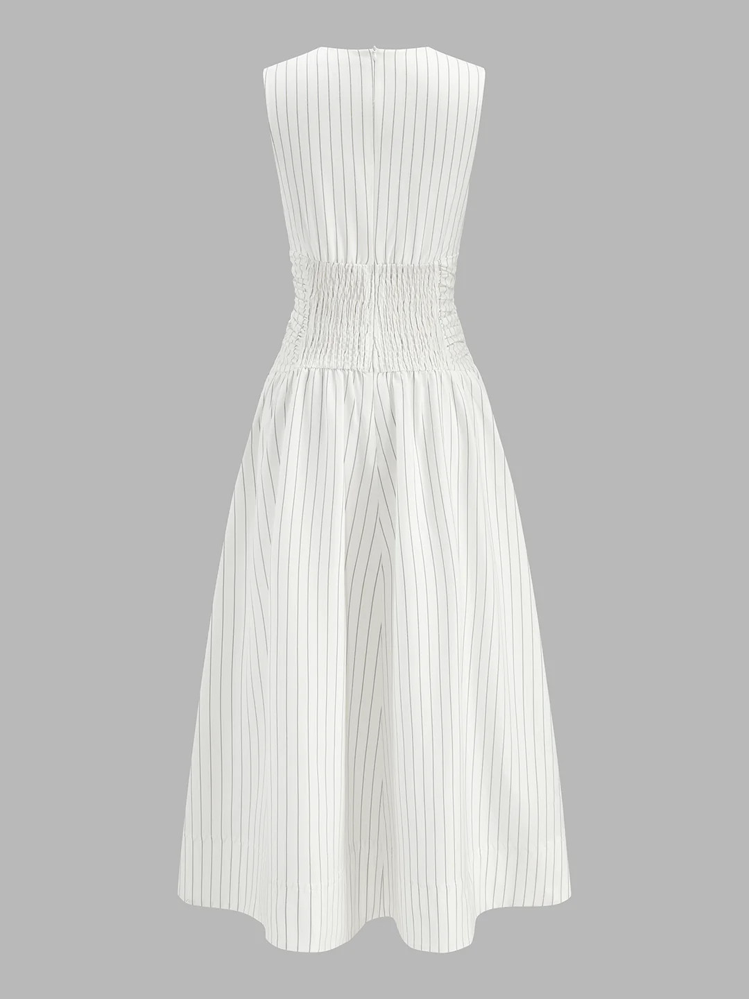 Cotton Blend Striped Ruched Sleeveless Maxi Dress | Commense