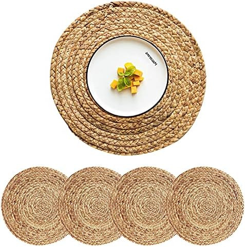 CY SISTERS Woven Placemats Set of 4, Round Placemats for Dining Table, 100% Water Hyacinth, Natural  | Amazon (US)