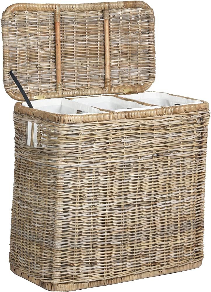The Basket Lady 3-Compartment Wicker Laundry Sorter Hamper, 30 in L x 15 in W x 28 in H, Serene Grey | Amazon (US)