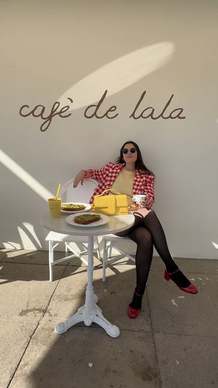 Sandro houndstooth red and white blazer and matching shorts, matching set, fall / winter, light yellow sweater, pastel yellow, sheetex tights, prada red Open-Sided Patent Leather Pumps, holiday party shoes, kitten heels, Jacquemus Le Grand Bambino crossbody bag, yellow designer purse, rayban round sunglasses, gold jewelry from Amazon (hoop earrings, rings)

#LTKfindsunder50 #LTKfindsunder100 #LTKstyletip