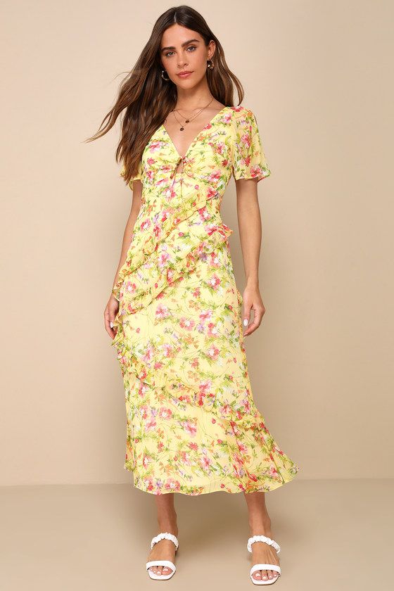 Next to You Yellow Floral Print Ruffled Backless Midi Dress | Lulus