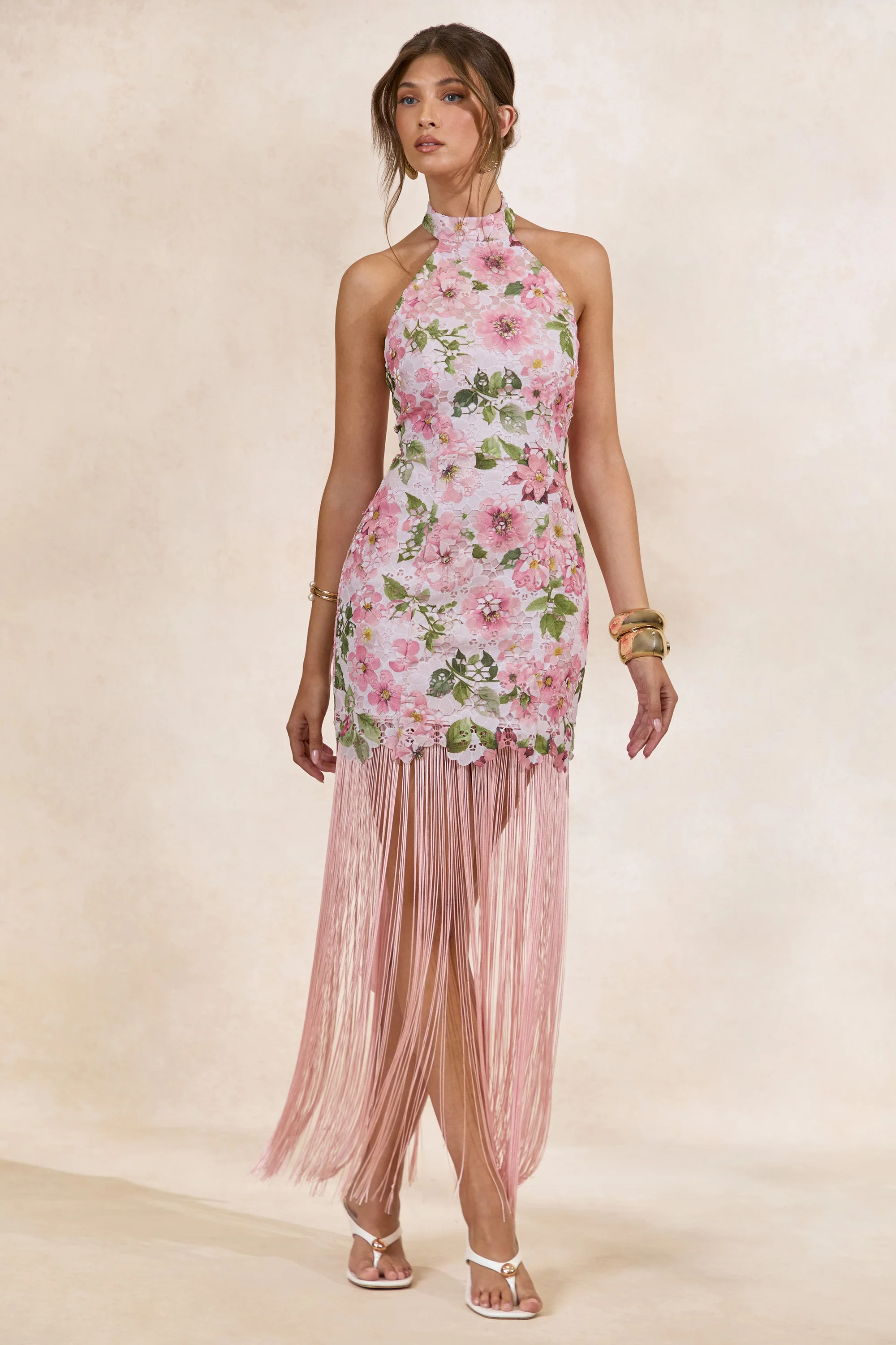 Lerisa | Pink Floral Print Lace Halter-Neck Fringed Maxi Dress | Club L London