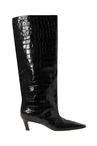 Women Black Knee High Boots Crocodile-embossed Kitten Mid Low Heel Square Toe Tall Boots Faux Leather Fall Winter Fashion Comfortable Classic Pull-on Long Boots Dressy Wide Calf Boots | Amazon (US)