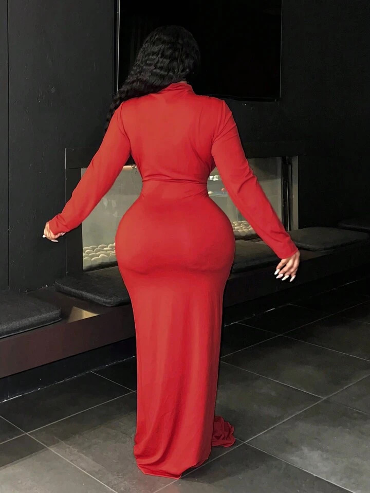 Slaydiva Plus Size Red Long Sleeve Maxi Prom Dress, Fitted Silhouette For Graduation Party & Cele... | SHEIN