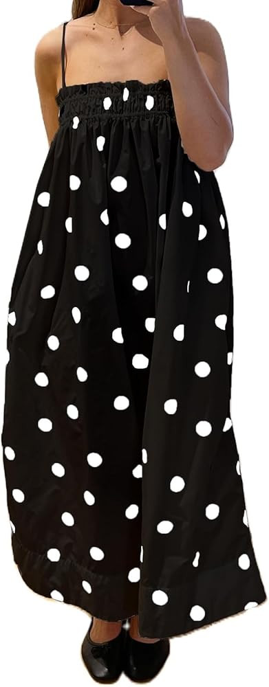 Womens Polka Dot Maxi Dress Y2K Spaghetti Strap Ruched Sundress Summer Casual Boho Beach Vacation... | Amazon (US)