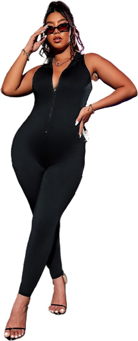 OYOANGLE Women's Plus Size Sleeveless Zip Front Bodycon Jumpsuit Unitard Bodysuit Clubwear | Amazon (US)