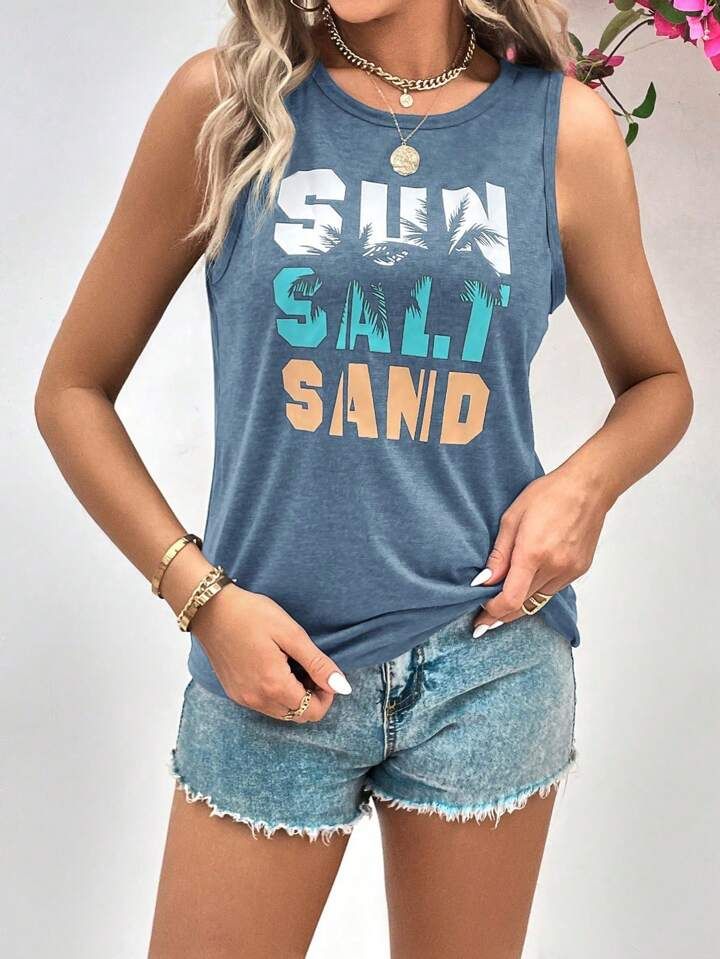 SHEIN LUNE Coconut Tree And Letter Print Tank Top | SHEIN USA | SHEIN