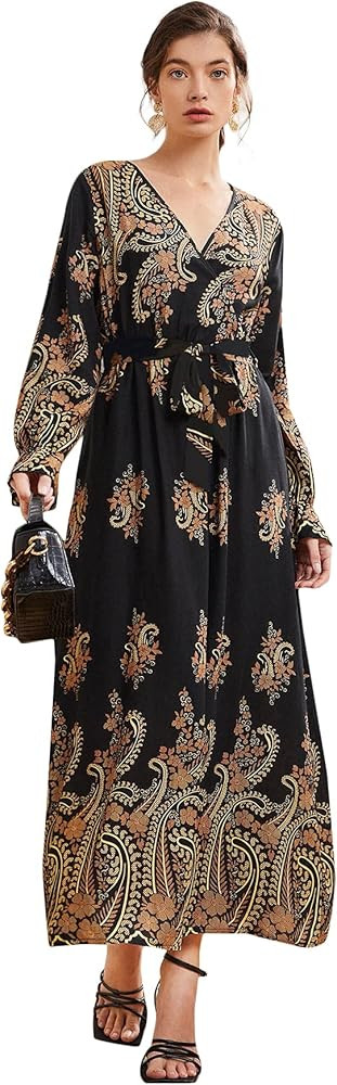 Floerns Women's Summer Wrap V Neck Long Sleeve Belted Floral Print Maxi Dress | Amazon (US)