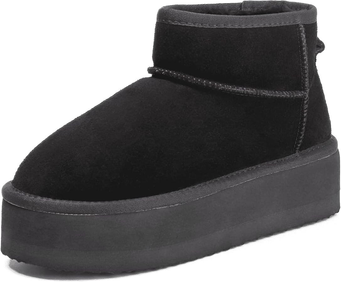 Platform Mini Boots For Women Genuine Suede Fuzzy Winter Pull on Boots Wool Lining Women's Mini S... | Amazon (US)