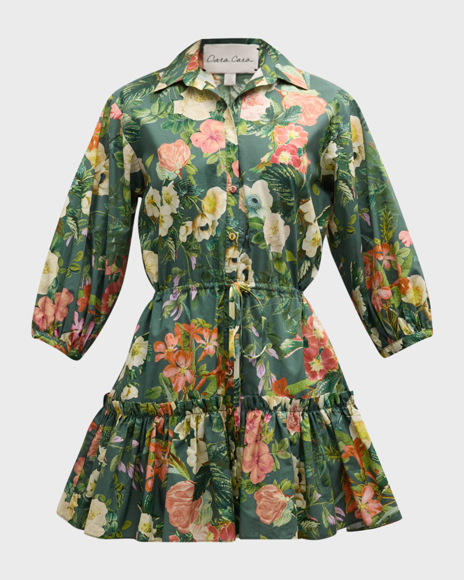 Cara Cara Robin Puff-Sleeve Floral Poplin Mini Dress | Neiman Marcus
