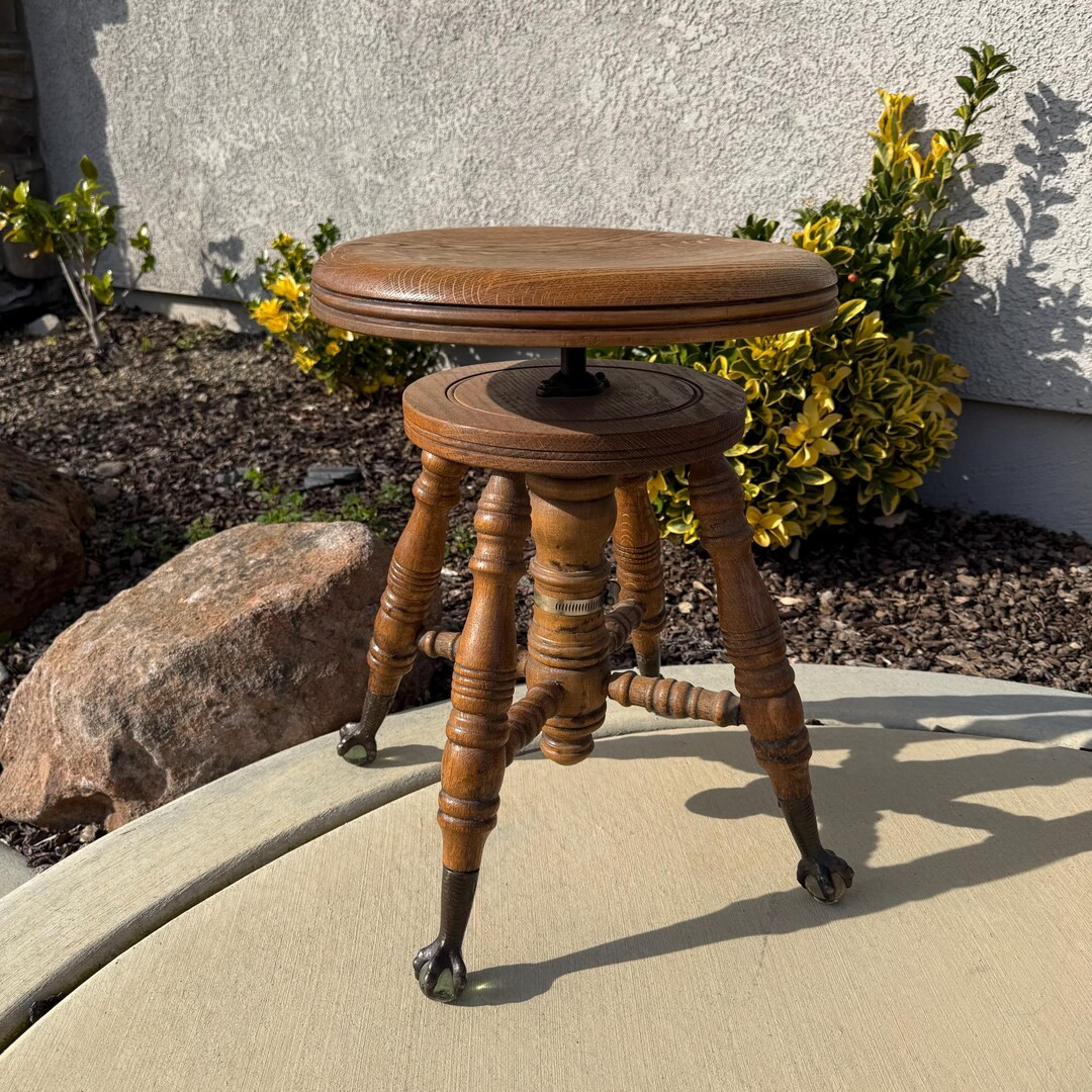 Vintage Oak Piano Stool Claw Feet Adjustable Round Wood Stool | Etsy (US)