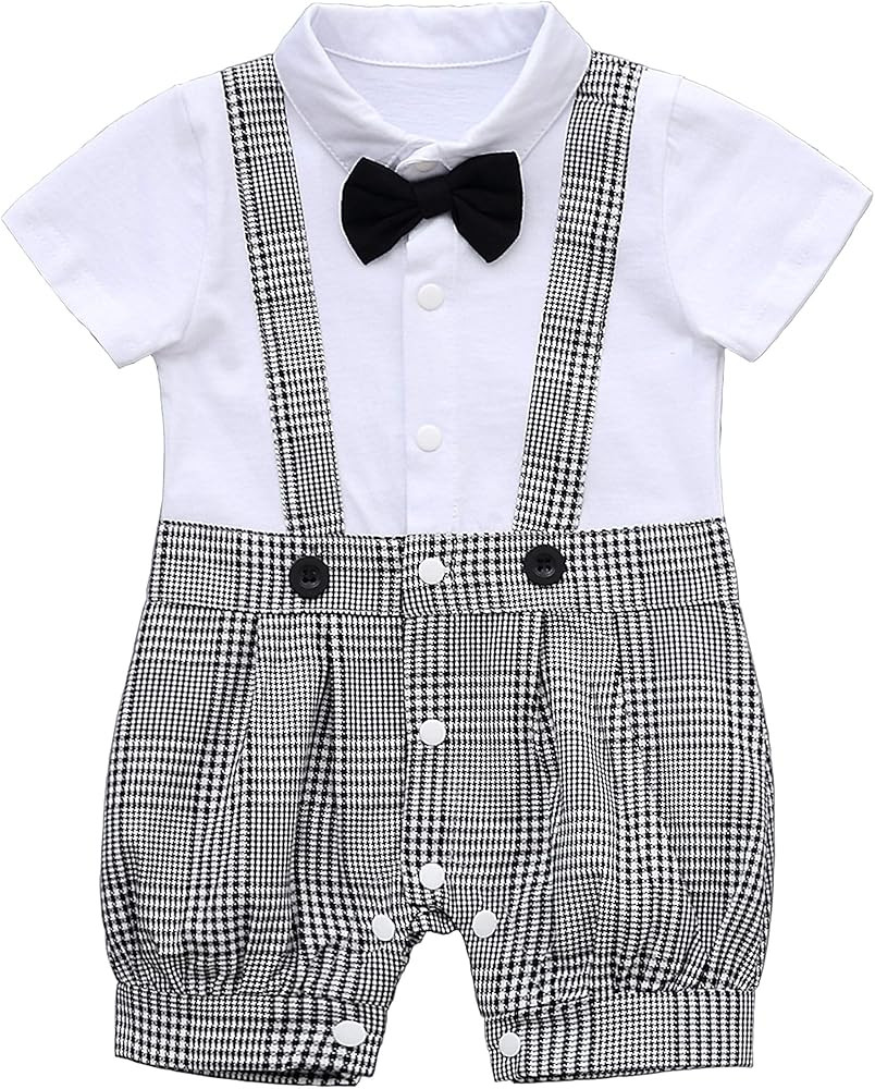 HMD Baby Boy Gentleman White Shirt Bowtie Tuxedo Onesie Jumpsuit Overall Romper（0-18M） … | Amazon (US)
