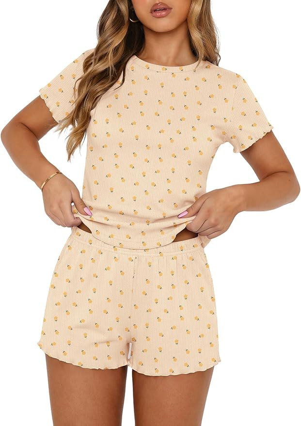Ekouaer Cute Pajama Sets for Women 2 Piece Short Sleeve Ribbed Pjs Crop Top and Shorts Sleepwear ... | Amazon (US)