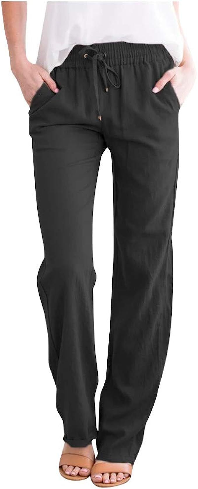 ADJHDFH Womens Casual Pants Straight Leg Drawstring Elastic High Waist Comfy Trousers Solid Color... | Amazon (US)