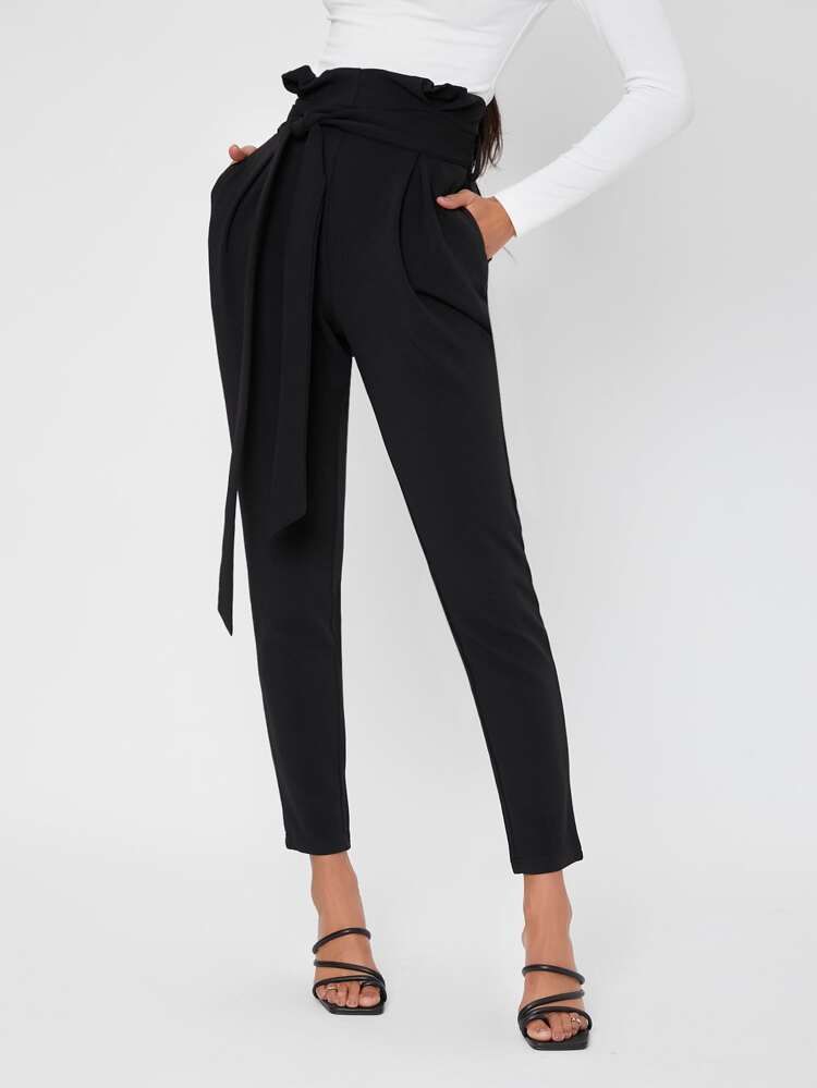 SHEIN Tall Solid Ruffle Trim Belted Pants | SHEIN