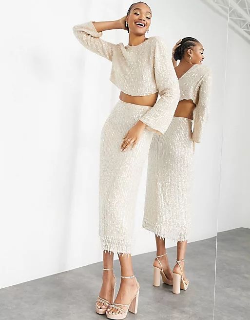 ASOS EDITION sequin and crystal fringe midi skirt in cream | ASOS (Global)