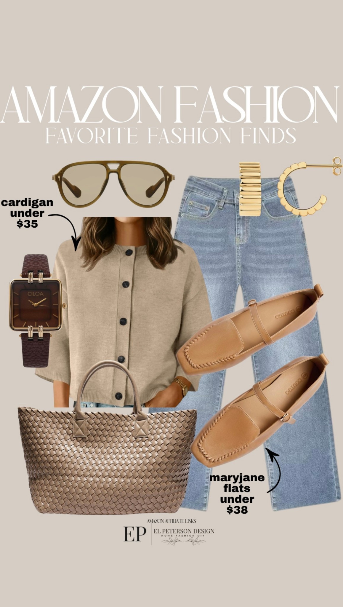 Amazon Fashion
Cardigan
Jeans
Earrings 
Sunglasses 
Watch
Tote bag
Mules
