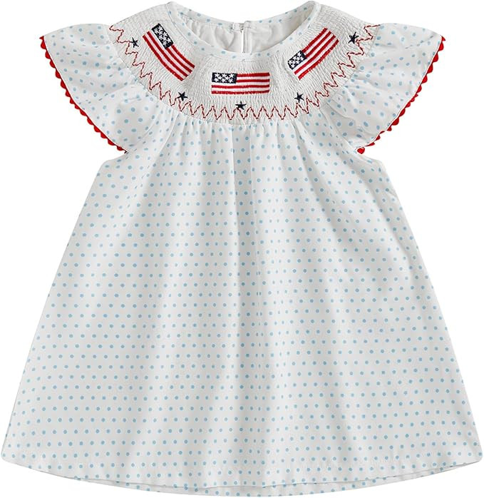 Toddler Baby Girl 4th of July Clothes USA Flag Embroidery Smocked Dress Flutter Sleeve Princess D... | Amazon (US)