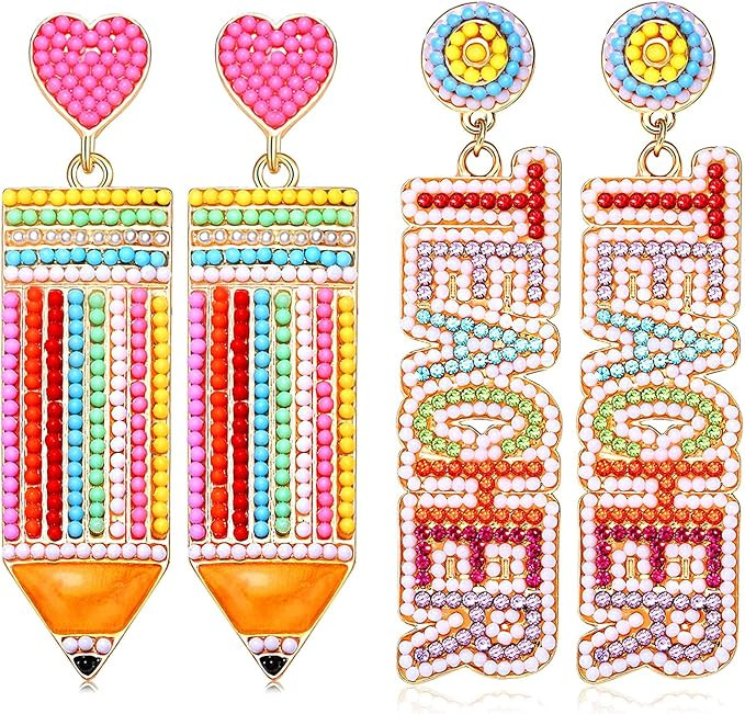 2/3Pairs Teacher Earrings for Women Beaded Pencil Dangle Earrings Statement Apple Book Drop Earri... | Amazon (US)
