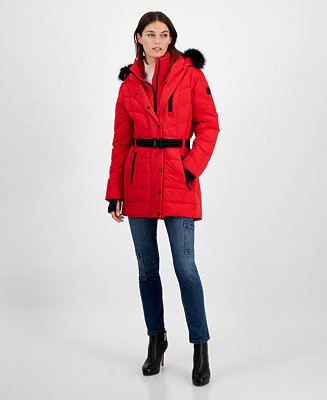 MICHAEL Michael Kors Women's Belted Bibbed Hooded Puffer Coat - Macy's | Macy's