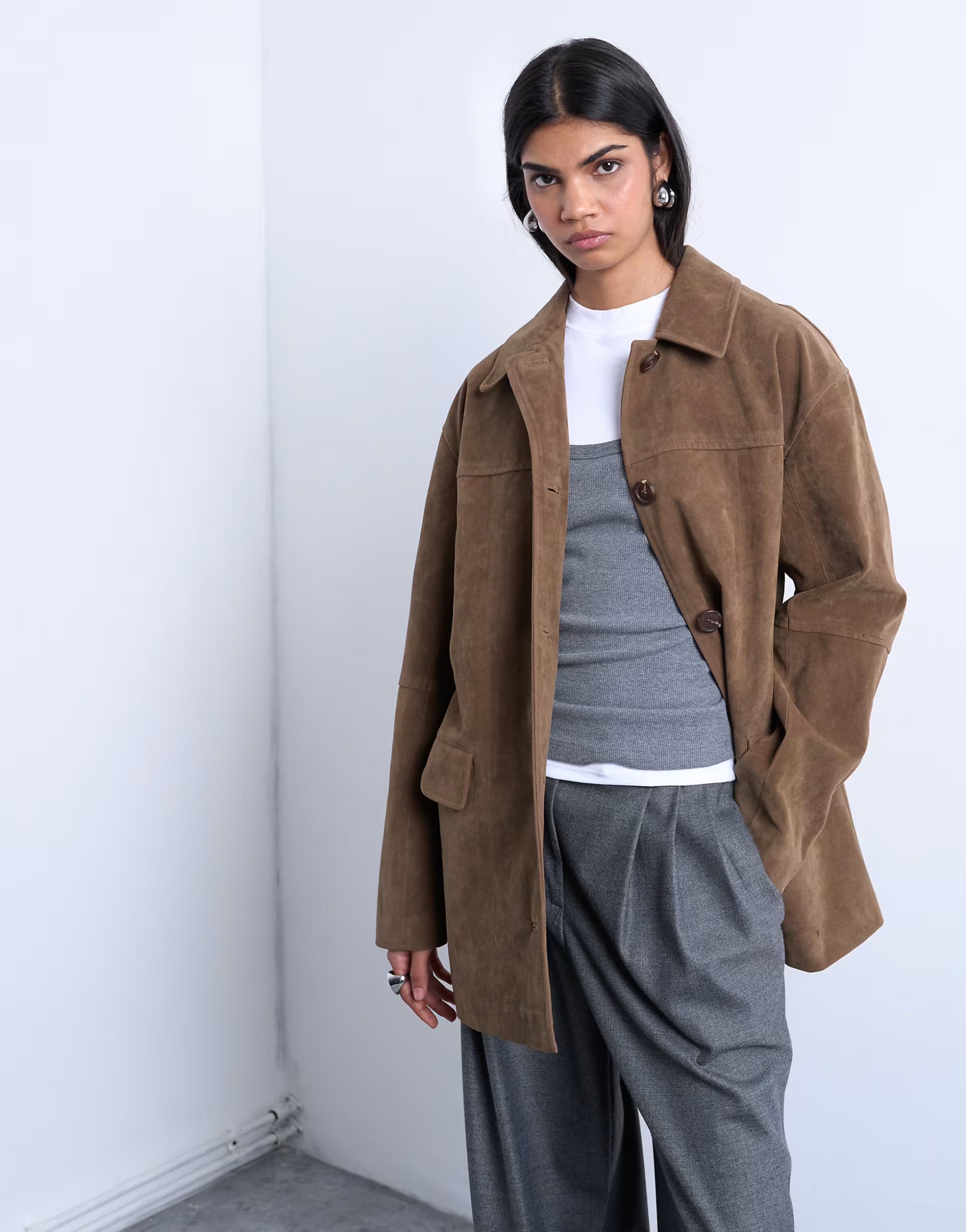 Topshop premium real suede patch pocket boxy jacket in tan | ASOS | ASOS (Global)