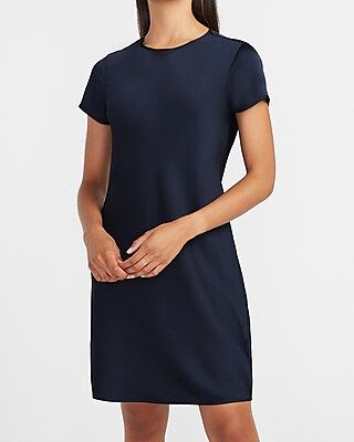 Satin Crew Neck T-Shirt Dress Blue Women's L | Express