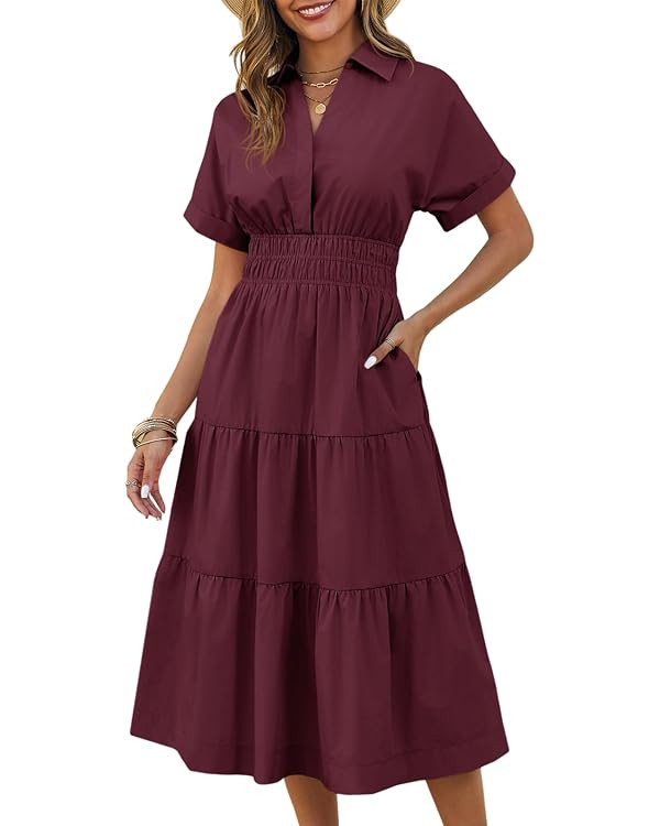 Wenrine Women Summer Short Sleeve V Neck Work Shirt Maxi Dress with Pockets | Lapel Collared, Smo... | Amazon (US)