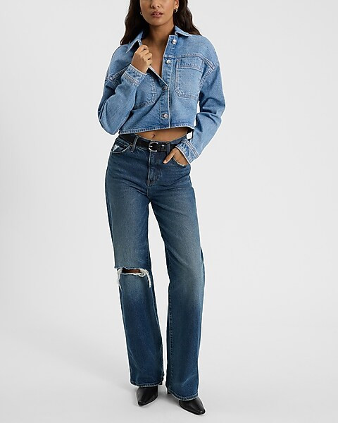 Medium Wash Cropped Denim Shacket | Express