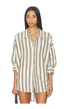 Denimist Button Front Shirt in Jumbo Olive & Ecru Stripe from Revolve.com | Revolve Clothing (Global)
