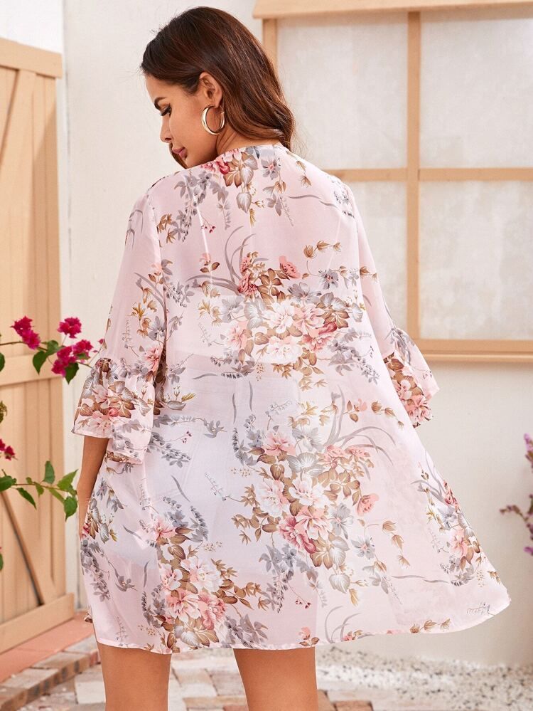 SHEIN Flounce Sleeve Open Front Floral Print Kimono | SHEIN