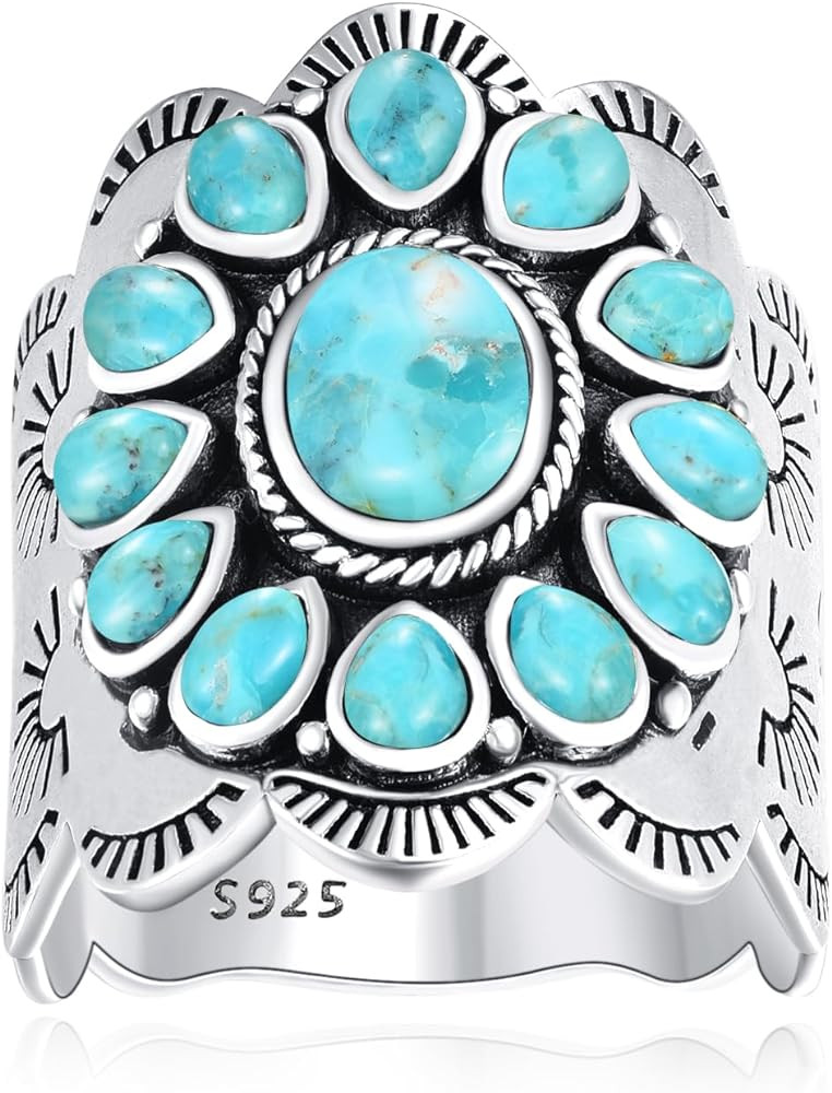 Turquoise Ring for Women 925 Sterling Silver Vintage Boho Statement Rings with Pear Shaped and Ov... | Amazon (US)