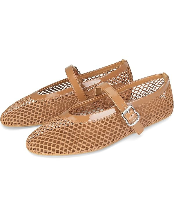 DOEYG Mesh Ballet Flats for Women Buckle Strap Comfy Casual Office Fishnet Ballerina Flat Shoes | Amazon (US)