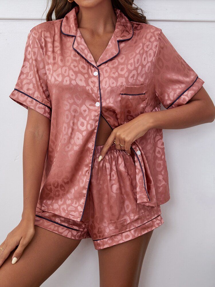 Leopard Jacquard Contrast Piping Satin Blouse & Shorts PJ Set | SHEIN